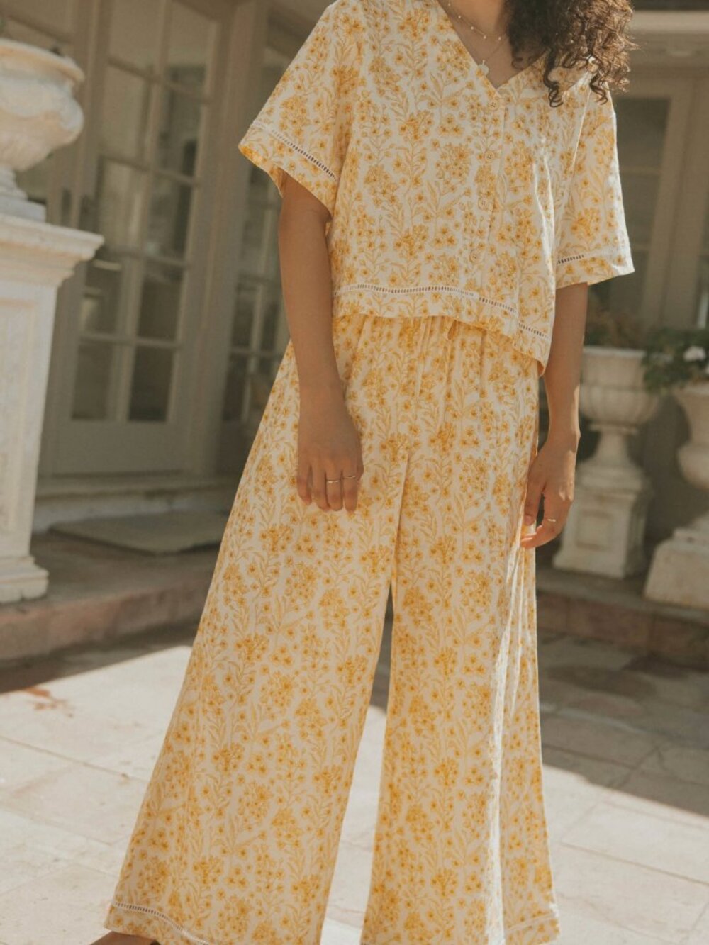 Altair Linen Blend Floral Yellow Wide Leg Lounge Pants, Size S
